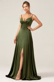 A-Line Spaghetti stropper Olive Satin Long brudepike kjole med Slit