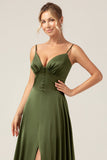 A-Line Spaghetti stropper Olive Satin Long brudepike kjole med Slit