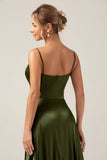 A-Line Spaghetti stropper Olive Satin Long brudepike kjole med Slit