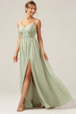 Dusty Sage A-Line Spaghetti stropper Chiffon Long brudepike kjole med Slit