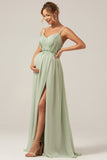 Dusty Sage A-Line Spaghetti stropper Chiffon Long brudepike kjole med Slit