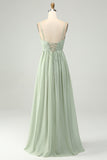 A-Line Dusty Sage Chiffon Spaghetti stropper Long brudepike kjole med Slit