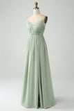 A-Line Dusty Sage Chiffon Spaghetti stropper Long brudepike kjole med Slit