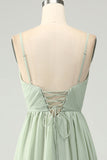 A-Line Dusty Sage Chiffon Spaghetti stropper Long brudepike kjole med Slit