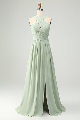 A Line Halter Chiffon Sage Green plissert Long brudepike kjole med Slit