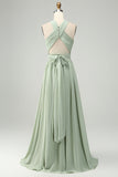 A Line Halter Chiffon Sage Green plissert Long brudepike kjole med Slit