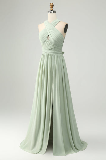 A Line Halter Chiffon Sage Green plissert Long brudepike kjole med Slit