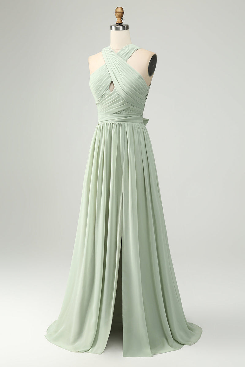 Load image into Gallery viewer, A Line Halter Chiffon Sage Green plissert Long brudepike kjole med Slit