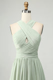 A Line Halter Chiffon Sage Green plissert Long brudepike kjole med Slit