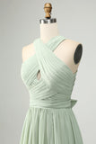 A Line Halter Chiffon Sage Green plissert Long brudepike kjole med Slit