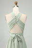Load image into Gallery viewer, A Line Halter Chiffon Sage Green plissert Long brudepike kjole med Slit