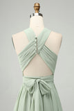 A Line Halter Chiffon Sage Green plissert Long brudepike kjole med Slit