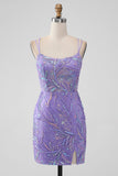 Sparkly Lilac Bodycon Sequins Appliques Kort Homecoming kjole med Slit