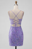 Sparkly Lilac Bodycon Sequins Appliques Kort Homecoming kjole med Slit