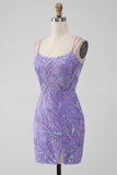 Sparkly Lilac Bodycon Sequins Appliques Kort Homecoming kjole med Slit