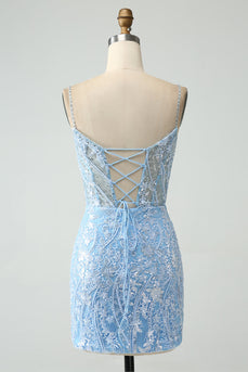 Sparkly Sky Blue Spaghetti stropper Beaded Kort Homecoming kjole