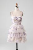 Lavendel Flower A Line Spaghetti stropper Tiered plissert Kort Homecoming Dress