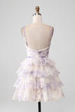 Lavendel Flower A Line Spaghetti stropper Tiered plissert Kort Homecoming Dress