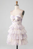 Lavendel Flower A Line Spaghetti stropper Tiered plissert Kort Homecoming Dress