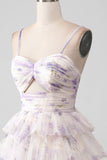 Lavendel Flower A Line Spaghetti stropper Tiered plissert Kort Homecoming Dress