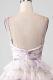 Lavendel Flower A Line Spaghetti stropper Tiered plissert Kort Homecoming Dress