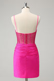 Fuchsia Bodycon Spaghetti stropper Ruched Kort Homecoming kjole med perler