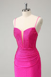 Fuchsia Bodycon Spaghetti stropper Ruched Kort Homecoming kjole med perler