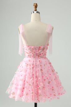 Søt rosa A Line Spaghetti stropper Kort Homecoming kjole med 3D-blomster