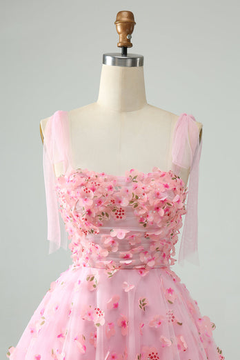 Søt rosa A Line Spaghetti stropper Kort Homecoming kjole med 3D-blomster