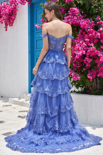 Princess A Line Off the Shoulder Blue Long Prom kjole med Appliques