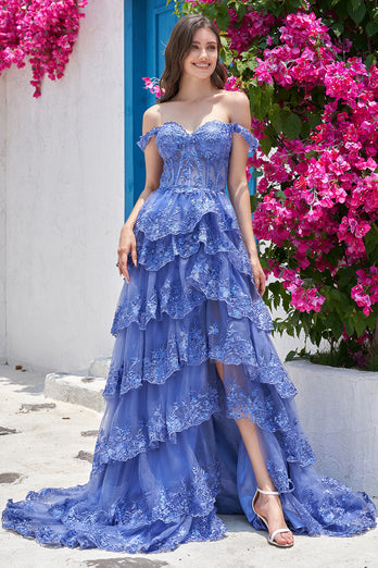 Princess A Line Off the Shoulder Blue Long Prom kjole med Appliques