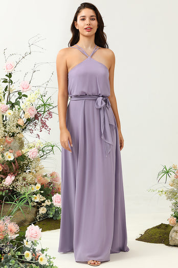 A Line Halter Purple Long Bridesmaid Dress med Bowknot