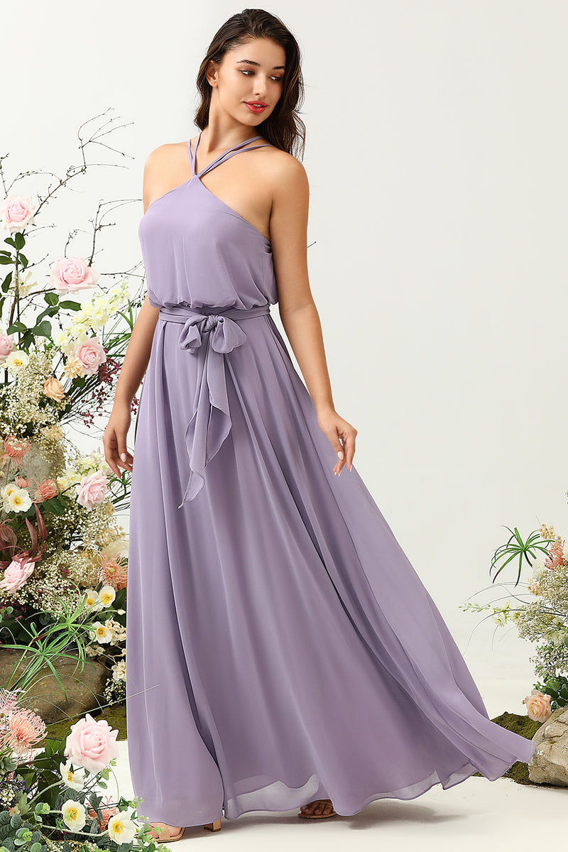 Load image into Gallery viewer, A Line Halter Purple Long Bridesmaid Dress med Bowknot