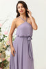 Load image into Gallery viewer, A Line Halter Purple Long Bridesmaid Dress med Bowknot