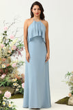 A Line Halter Neck Blue Long Bridesmaid Dress