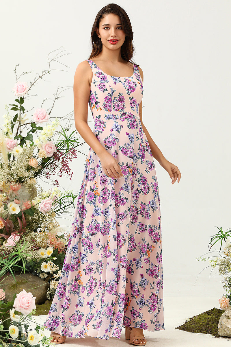 Load image into Gallery viewer, A Line Square Neck Pink Floral Trykt Long brudepike kjole med åpen rygg