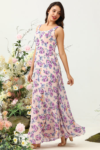 A Line Square Neck Pink Floral Trykt Long brudepike kjole med åpen rygg