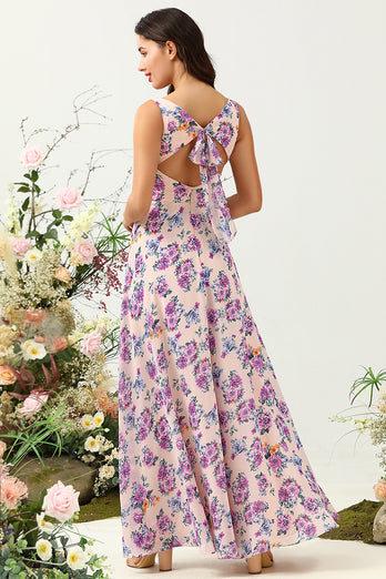 A Line Square Neck Pink Floral Trykt Long brudepike kjole med åpen rygg