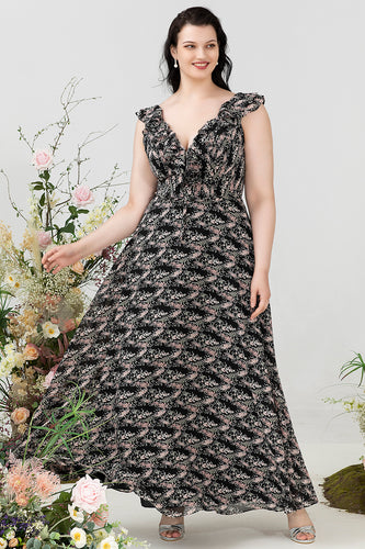En linje V Neck Black Plus Size brudepike kjole med Ruffles