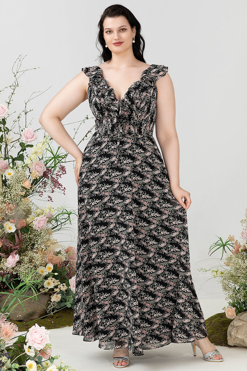 Load image into Gallery viewer, En linje V Neck Black Plus Size brudepike kjole med Ruffles