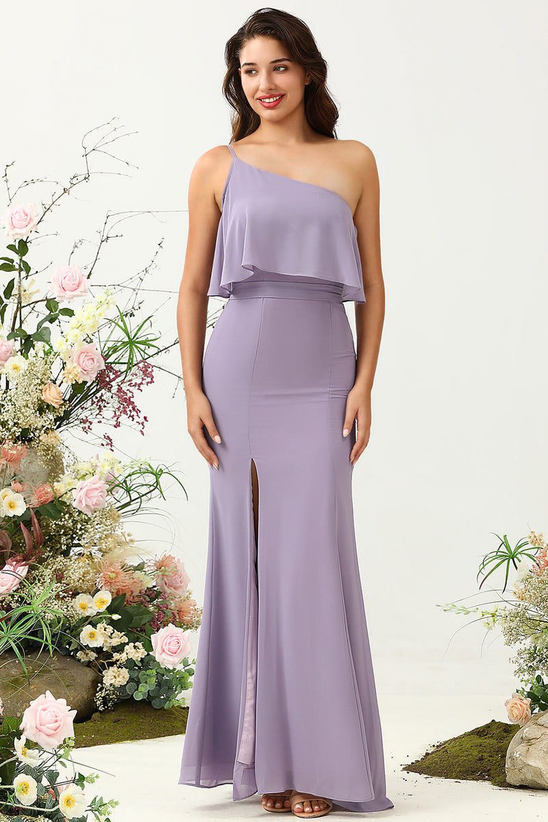 Load image into Gallery viewer, Skjede En skulder lilla Plus Size brudepike kjole med silt