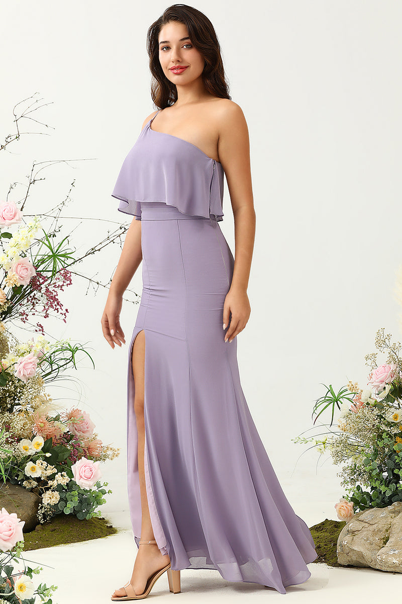 Load image into Gallery viewer, Skjede En skulder lilla Plus Size brudepike kjole med silt