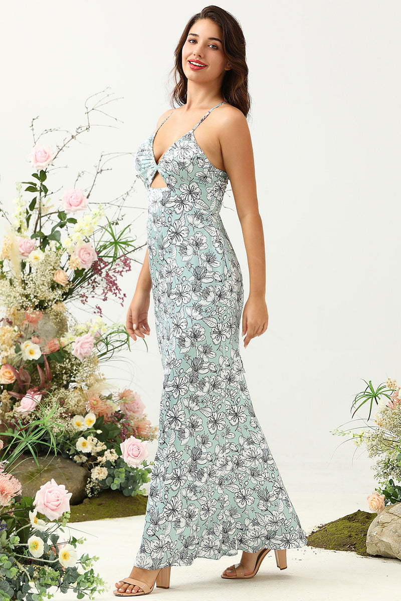 Load image into Gallery viewer, Grågrønn havfrue blomstrete brudepike kjole