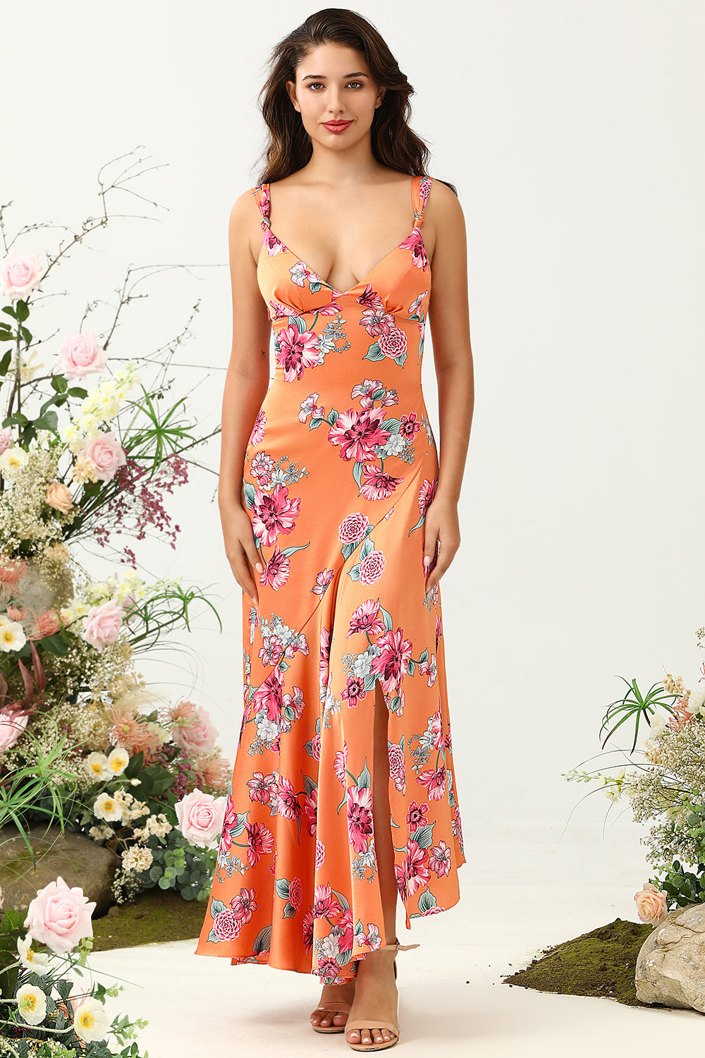 Orange Floral Asymmetrisk Boho brudepike kjole