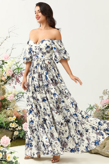 Hvit blå blomst Boho brudepike kjole