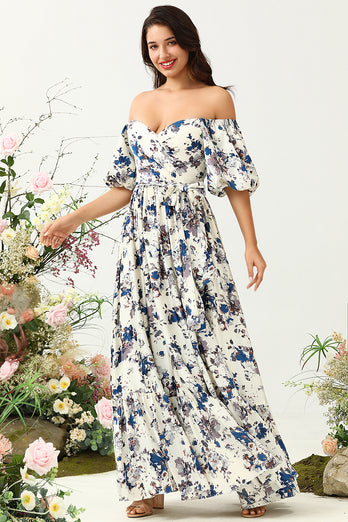 Hvit blå blomst Boho brudepike kjole