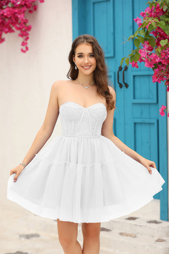 Hvit korsett avtakbare lange ermer liten hvit kjole