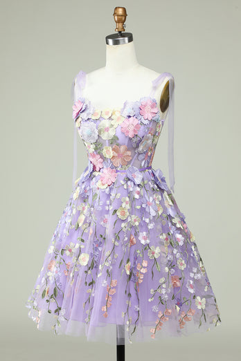 Blå korsett A-Line Kort Homecoming kjole med 3D-blomster
