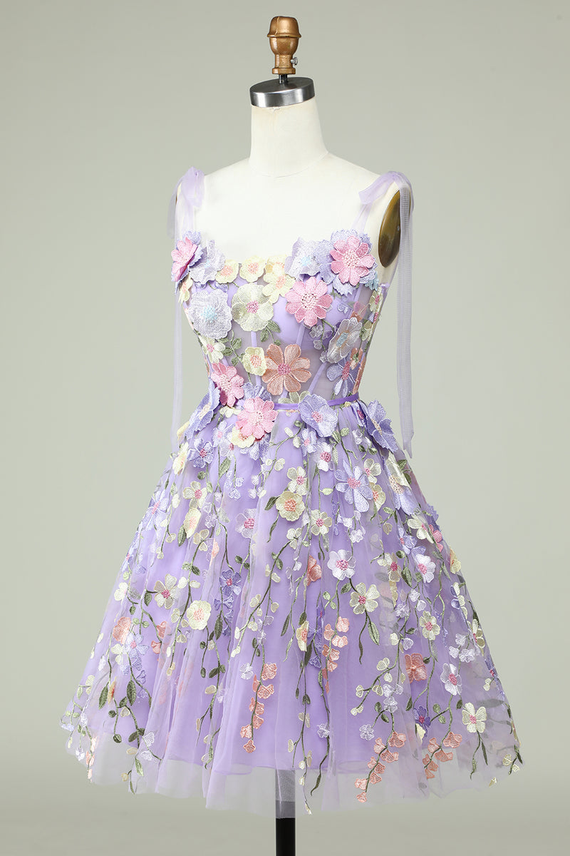 Load image into Gallery viewer, Blå korsett A-Line Kort Homecoming kjole med 3D-blomster