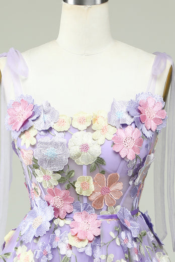 Blå korsett A-Line Kort Homecoming kjole med 3D-blomster